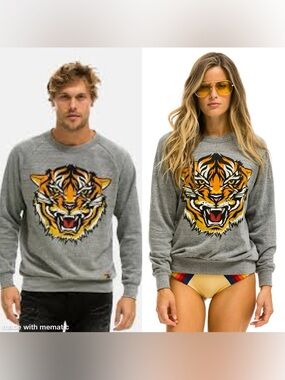 VTG Aviator Nation Tiger Print Sweatshirt Pullover Light Heathered Gray Unisex M